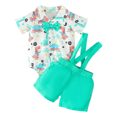 

KUNKASA Fashion Set For Children Crewneck Infant Boys Girls Short Sleeve Cartoon Prints Romper Suspenders Fall Outfits Clothes 0-3 Months