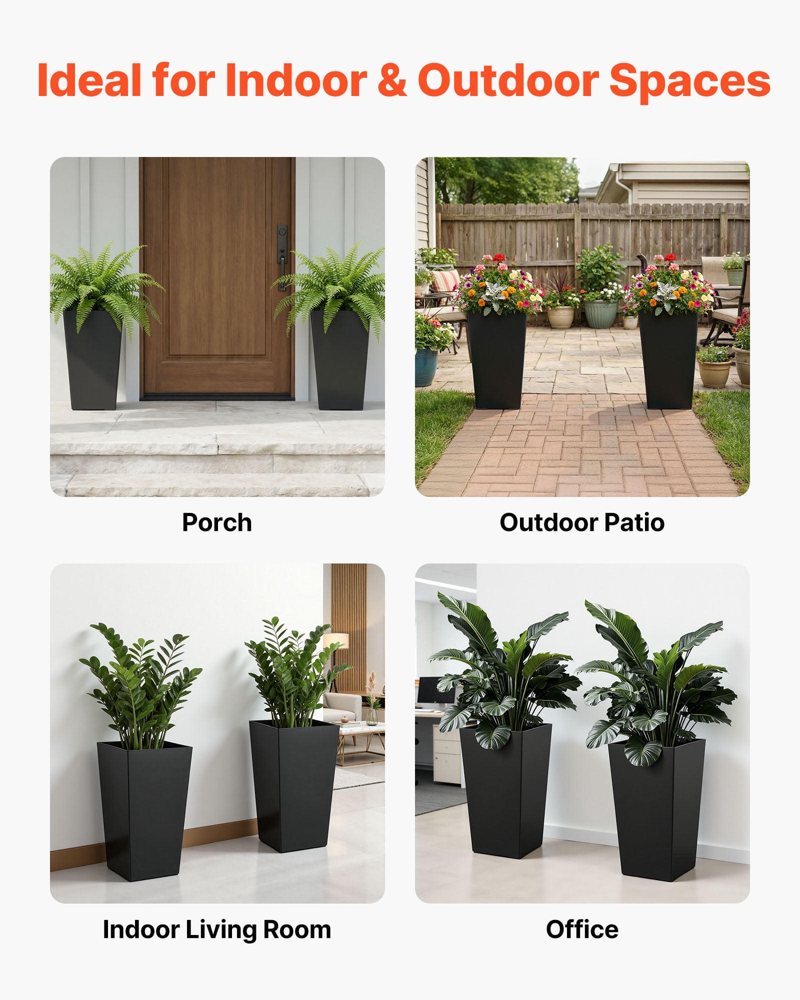 VEVOR Tall Planters Set of 2, 22 Inch Large Outdoor Taper Planters for Outdoor Indoor Plants, Front Porch Plastic Modern Flower Pots with Casters, Inner Pot & Drainage Holes for Patio, Garden, Black