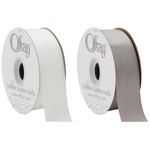 (2-pack Bundle) - Berwick-Offray Double Faced Satin Ribbon (1.5") 10 yds ea, White, Silver