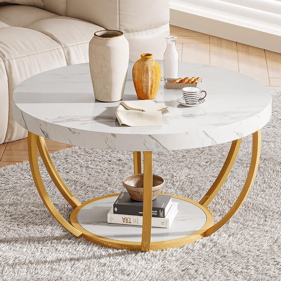Tribesigns Round Coffee Table, 2 Tier Modern Coffee Table with Faux White Marble and Golden Metal Legs, Circle Center Table Tea Table Accent Furniture for Living Room, White and Gold