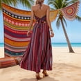 thumbnail image 2 of Ytndtr Women's Boho Striped Print Halter Neck Backless Tie Waist Split Maxi Dress Summer Beach Vacation Sundress, 2 of 6