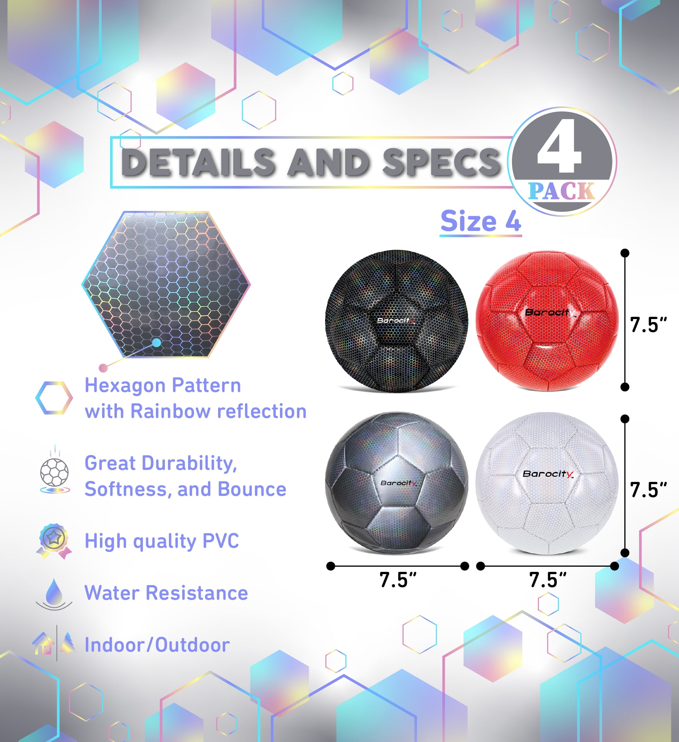 Barocity Iridescent Soccer Balls Set of 4 – Black, Silver, White, and Red Official Match Ball with Reflective Hex Pattern, Sport Soccer Balls for Indoor Outdoor Training and Practice Games - Size 4