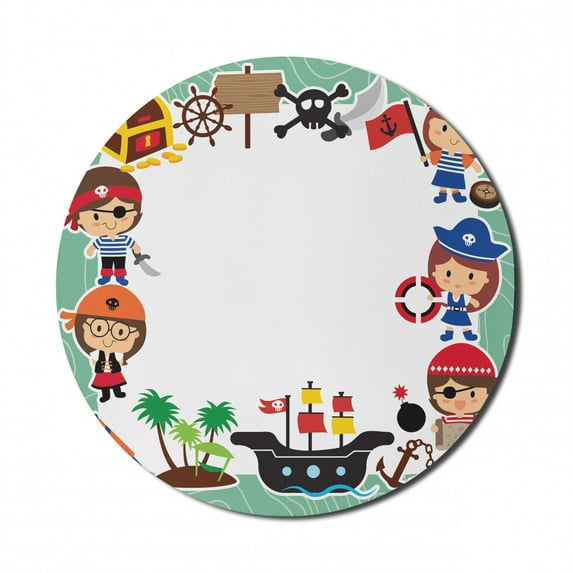 Party Mouse Pad for Computers, Pirate Explorer Children in Cartoon Style Treasure Chest Ship Tropical Island, Round Non-Slip Thick Rubber Modern Gaming Mousepad, 8" Round, Multicolor, by Ambesonne