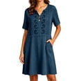 thumbnail image 3 of Bxsruta Women's Embroidered Short Sleeve V Neck Smock Dress Casual A Line Tunic with Pockets Cocktail Length Pull on Loose Fit for Summer Vacation Everyday Wear, 3 of 7