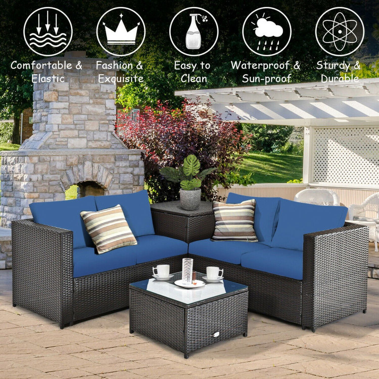 Aimee Lii 4 Pieces Outdoor Patio Rattan Furniture Set with Cushioned Loveseat and Storage Box, Outdoor Deck Furniture, Navy
