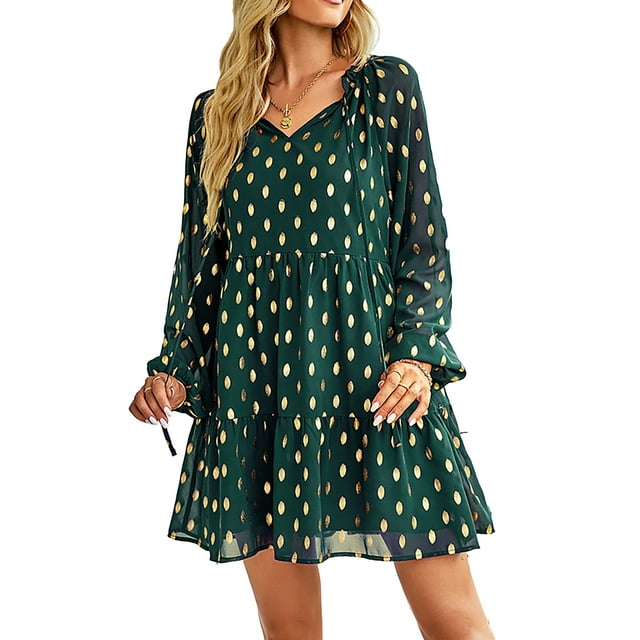 Vestido de Mujer,Vestido de Gasa de Puntos para Mujer Vestido de Puntos de Manga Larga para Mujer Vestido de Lunares Durabilidad probada en el Tiempo