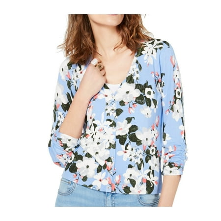 Womens Sweater Large Cardigan Button Front Floral Ruched L