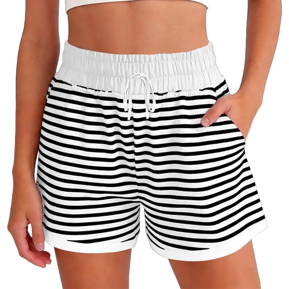 Ymauqau Lounge Shorts for Women Drawstring Elastic High Waisted Striped Ribbed Knit Casual Shorts Comfy Summer Shorts with Pockets