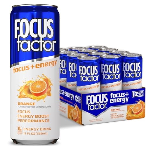 Focus Factor Energy Drink - 12 x 355ml Cans (Orange Flavor) - with Focus   Energy - Lightly Carbonated, Sugar Free, Low Calorie with Vitamin B6 & Vitamin B12