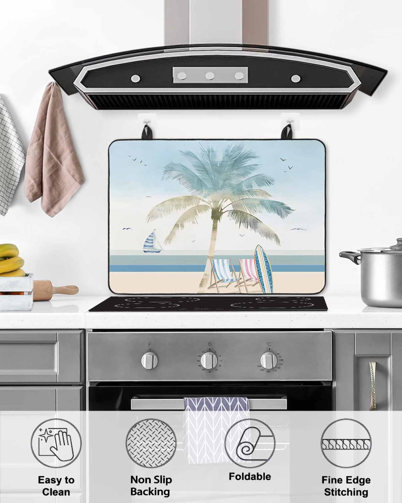 nqOlkjepod Large Induction Cooktop Protector Mat 24"x21", Summer Beach Chair Stove Top Covers for Electric Stove, Coastal Palm Trees Canoeing Stove Burner Cover Mats, Glass Top Stove Cover