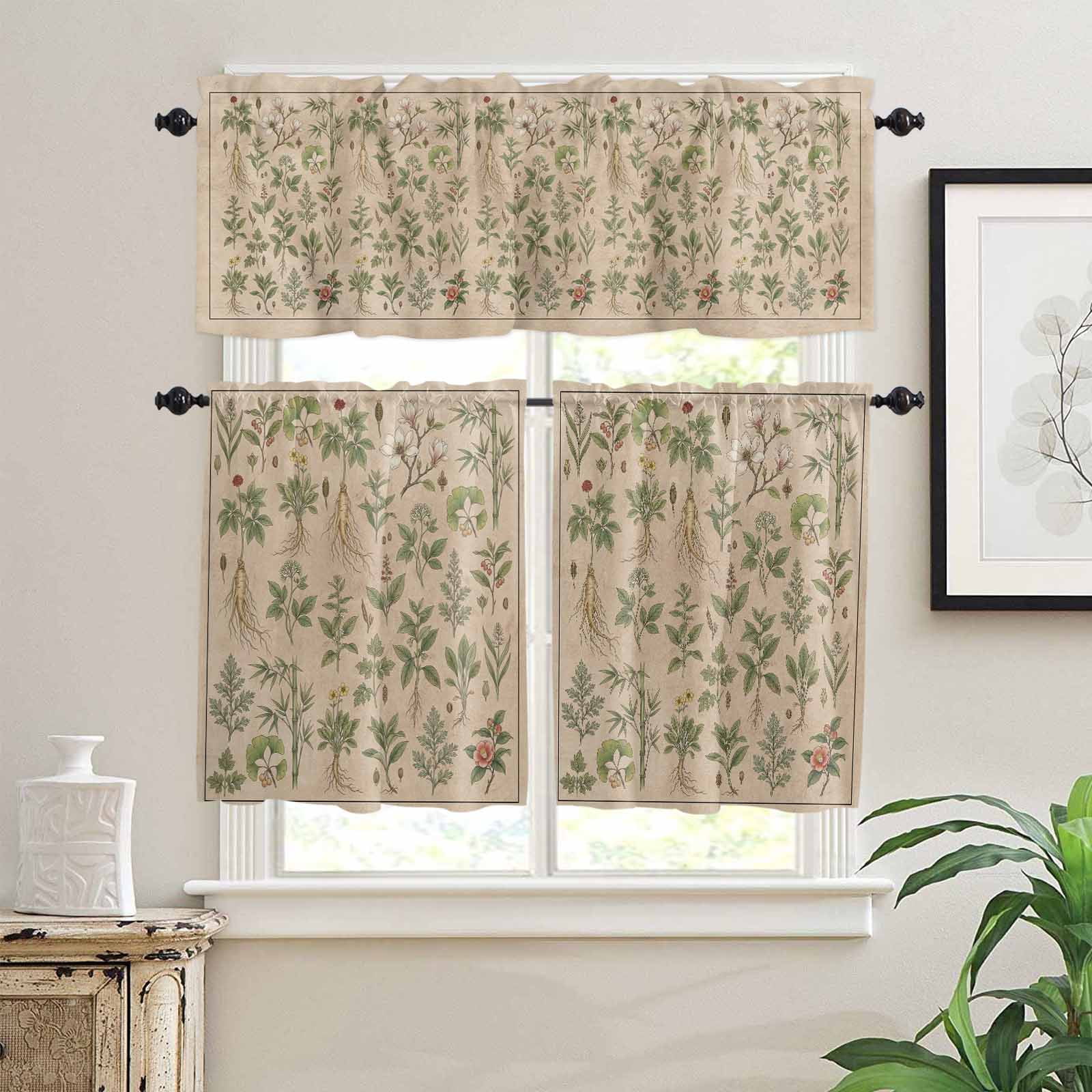 Herbs Kitchen Curtains Valance and Tier Set Retro Green Red Herbs Plant Wildflower Linen Texture Rod Pocket Short Curtains for Small Window 3 Pieces Set for Bedroom Cafe (54" x 18"+27" x 24")