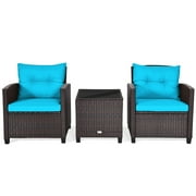 Patiojoy 3 Pieces Wicker Cushioned Conversation Set Outdoor Rattan Furniture with Turquoise Cushions