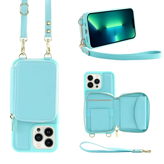 iPhone 13 Pro Max Crossbody Wallet Case, Zipper Card Phone Case with Wrist Strap, Handbag Purse Flip Cover with RFID Blocking Gift for Women Men Compatible with iPhone 13 Pro Max, Mint