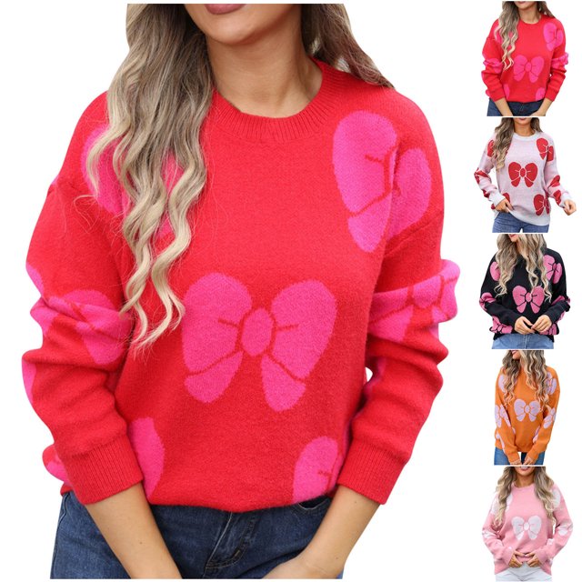 Sentmoon Lightweight Sweaters for Women Round Neck Long Sleeve Bow Pattern Women Oversized Lightweight and Warm Loose Going out Tops for Women Fall and Winter for Work Appropriate Sweater
