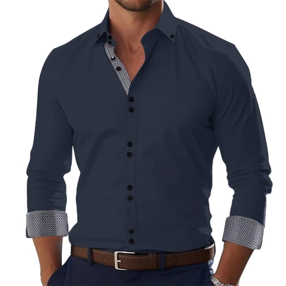 Havenx Mens Dress Shirts Long Sleeve Button Down Dress Shirt Collared Contrasting Colors Stretch Shirt Regular Fit Classic Casual Work Office Tops,Dark Blue 6XL