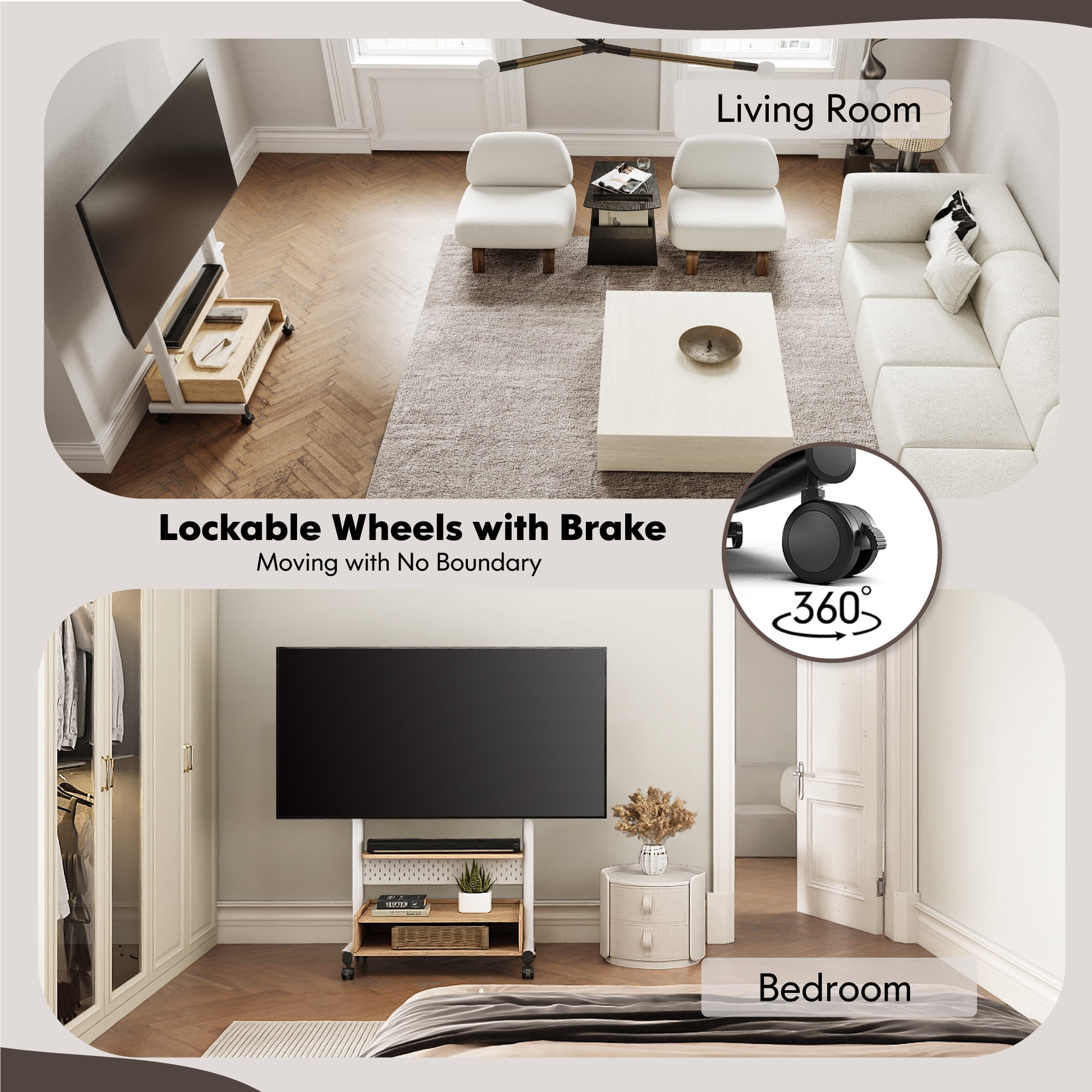 FITUEYES Sturdy Rolling TV Stand with Wheels for 40-85 inch Screens, Height Adjustable Mobile Cart, White