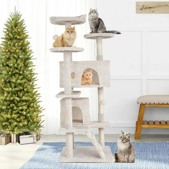 NiamVelo Arbre à Chat Double de Condo de 54 Po, Tour Maisonnette avec Poteau à Griffer et Perchoir pour l'Intérieur, Beige