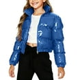 thumbnail image 6 of Girls Puffer Coat Bright Solid Color Warm Cropped Down Jacket No Hood Long Sleeve Stand Collar Zip Up Outerwear (2-3 Years, Blue), 6 of 6