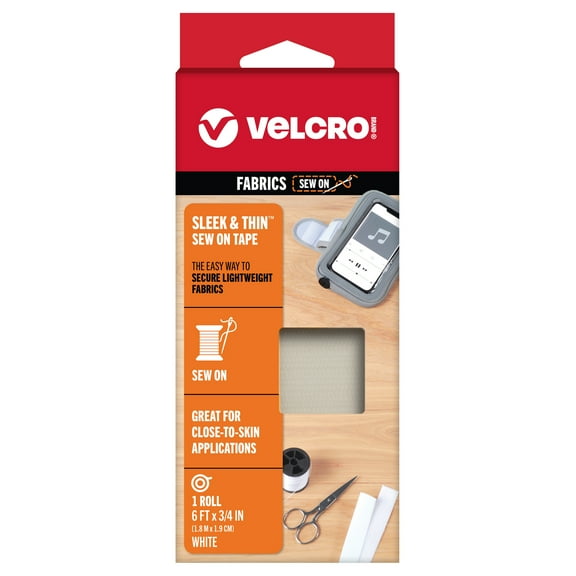 VELCRO Brand SLEEK & THIN™ - Sew On for Fabrics | 6ft x 3/4in Tape, White | Soft on Skin Ultra Light with Sewing Lane Technology