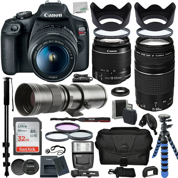 Ultimaxx Deluxe Canon Rebel T7 DSLR Camera with 18-55mm IS II, 75-300mm III, 420-800mm Telephoto Zoom Lens Bundle: 32GB Ultra Memory Card, Water-Resistant Gadget Bag & Much More (31pc Bundle)