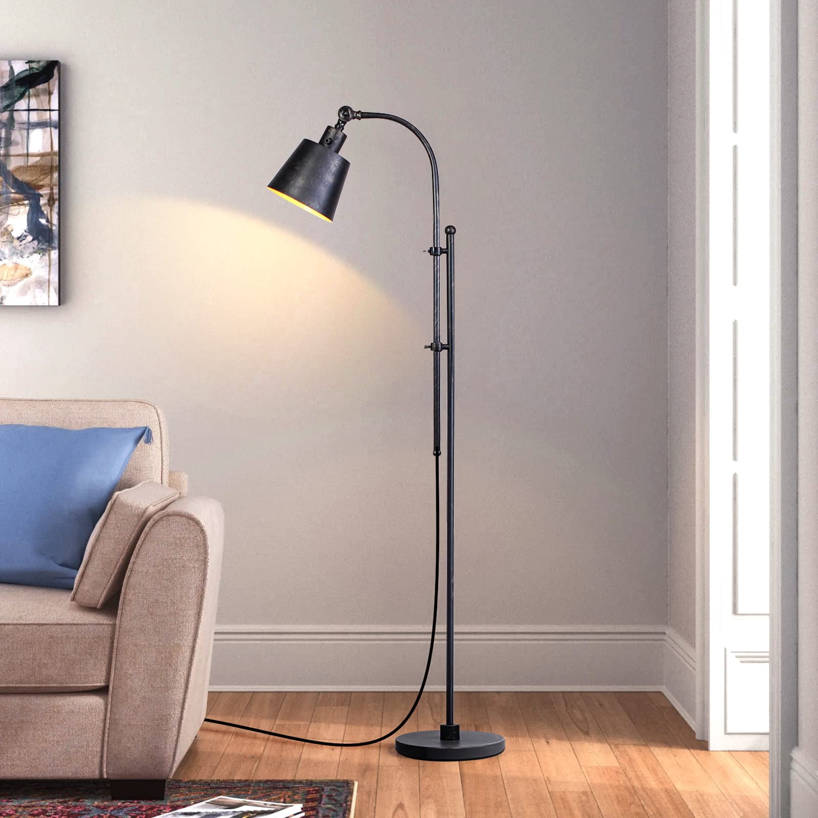 Floor Lamp, Industrial Floor Lamps for Living Rooms Rustic Farmhouse Reading Standing Floor Lamp Adjustable Metal Heads Indoor Task Lighting for Living Room Bedroom Office Home Décor (Black)