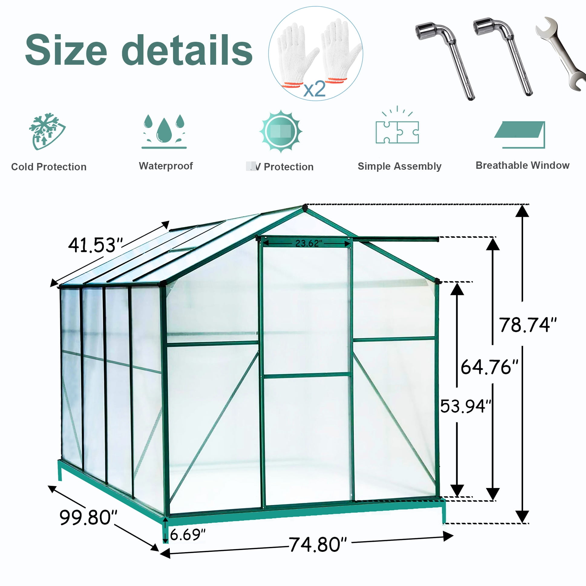 Heavy Duty Polycarbonate Greenhouse, 6'x8', For All Seasons, Ventilation System, Easy Installation Backyard Greenhouse 4mm Twin Panels, Aluminum Frame, Effective Drainage