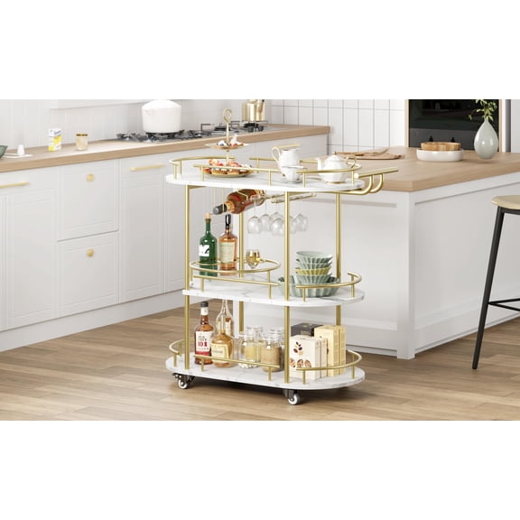 EcoSummer 3-Tier Rolling Wine Bar Cart with Rotating Shelf, Wine & Glass Holder, Mobile Beverage Stand