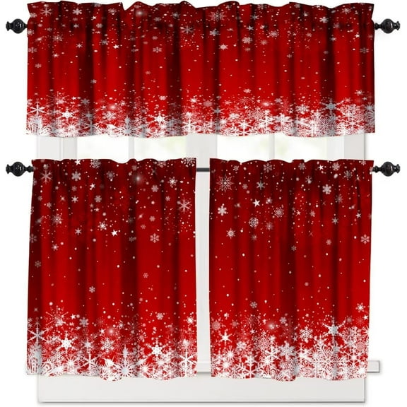 Red Christmas Snowflakes Curtain Set, Merry Xmas Holiday Window Valances and Tier Set for Living Room Kitchen Home Décor 54''x18'' & 27''x24''x2, 3 Panels