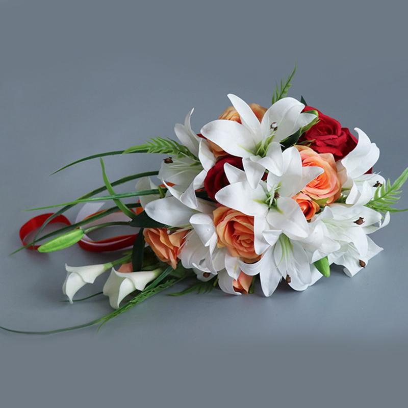 Zeiwohndc Artificial Lily Cascading Bridal Bouquet with Green Leaves Satin Ribbon Handle Water Drop Style Waterfalls Rose Wedding Holding Flower Party Photo Props