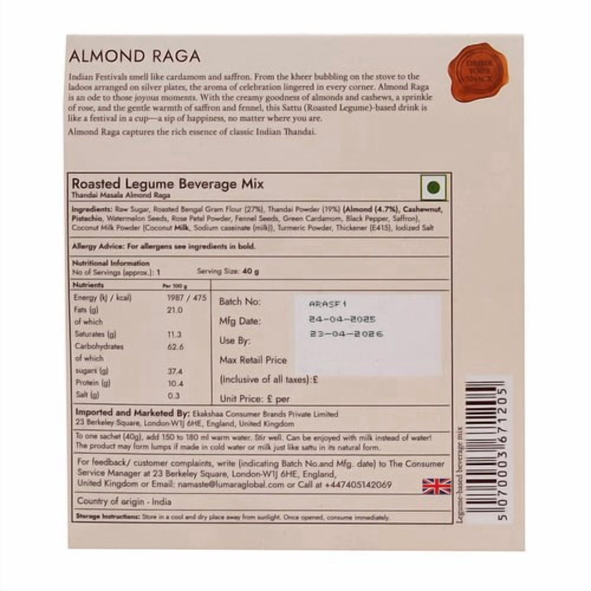 Lumara Almond Raga roasted chana sattu almond drink 40g, British Import (Pack of 6)
