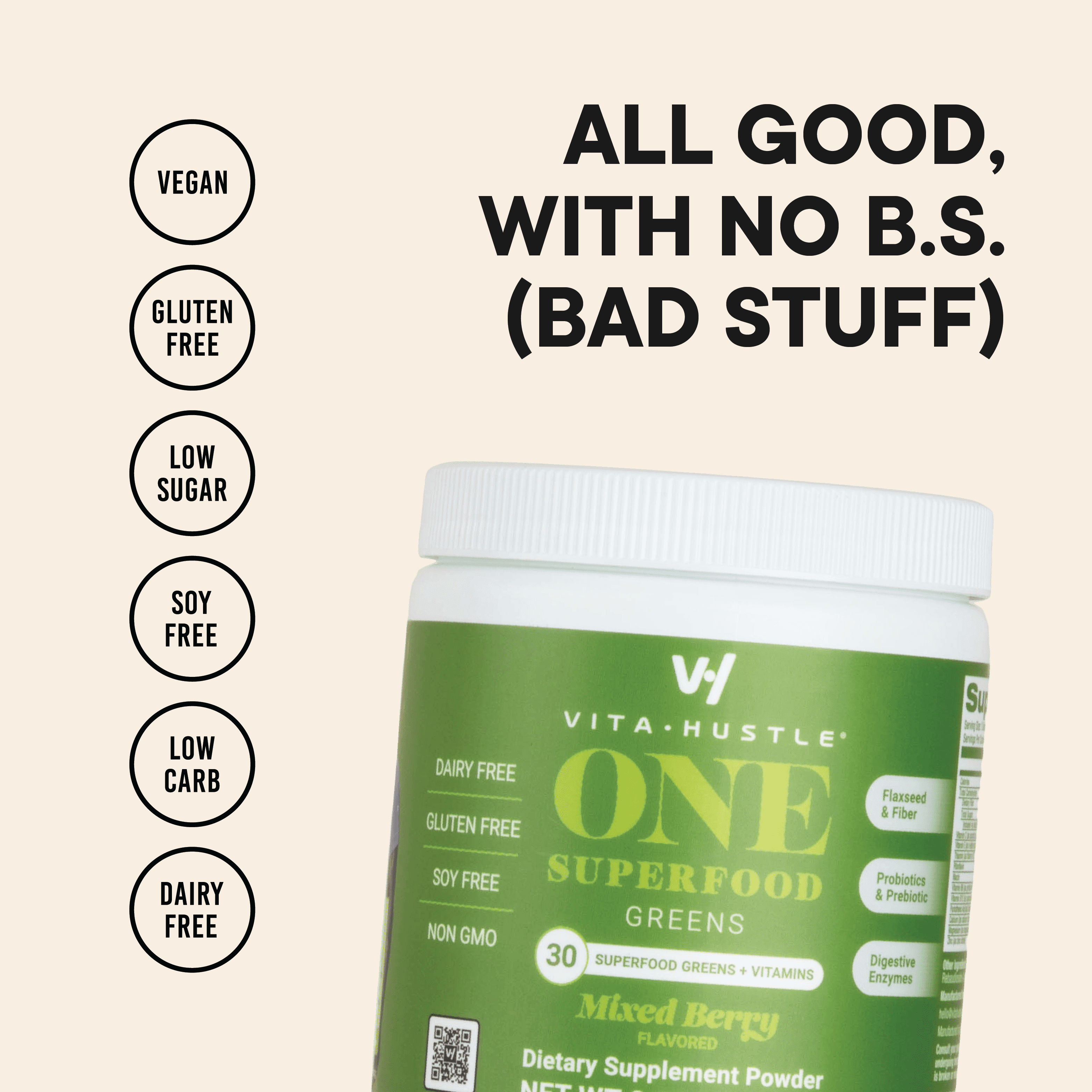 VitaHustle ONE Superfood Greens Powder, Probiotics, Mixed Berry, 25 Servings