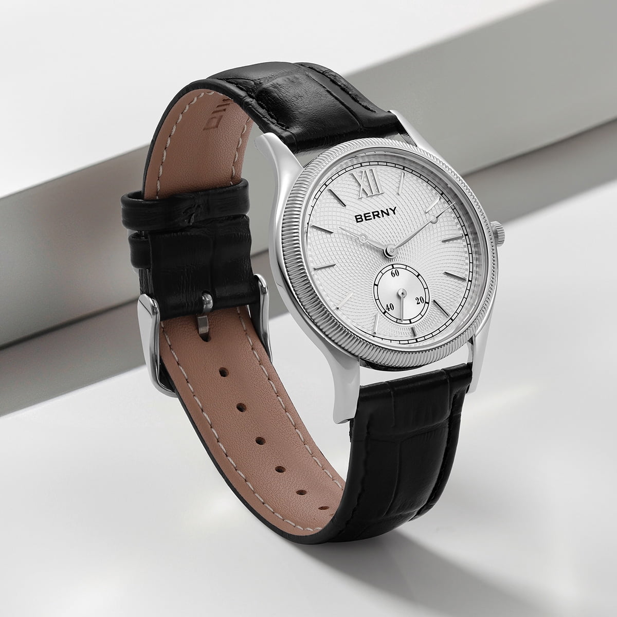 BERNY Silver Watch for Men, Ultra-Thin Minimalist Leather Watch, Stainless Steel Case, Waterproof Analog Quartz Watch, Business Dress Watches with Small Seconds (White)