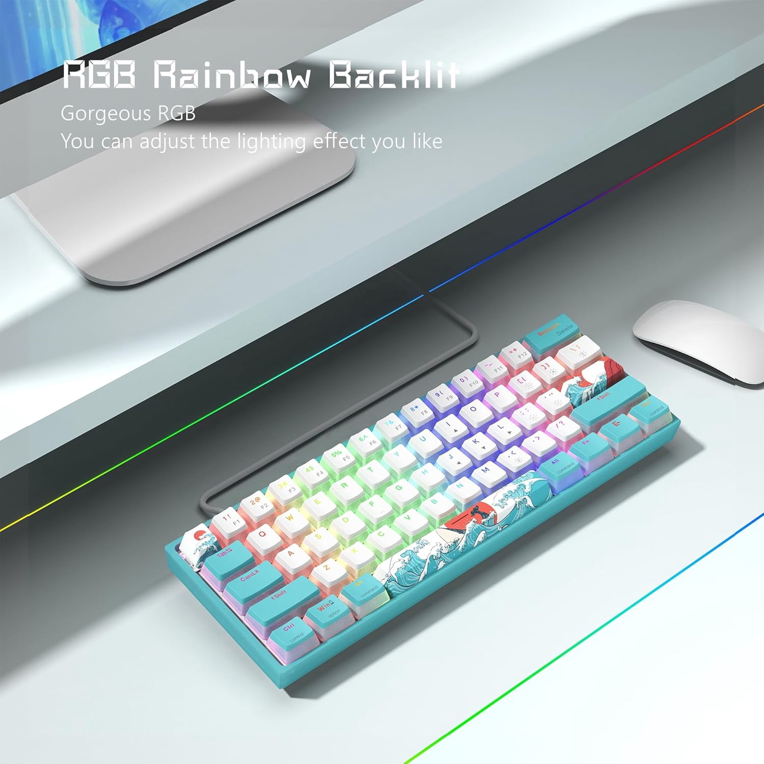 WK61 Wired Gaming Keyboard, 60% Percent RGB Backlit Mechanical Keyboard Gasket Mount with PBT Keycaps, Compact 61 Keys Hot Swappable Cream Switch, for Windows Laptop PC Mac, Blue