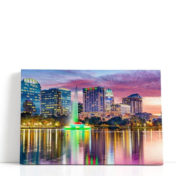 Orlando, Florida, Skyline At Dusk on Eola Lake - Wrapped Canvas Print Wall Art | 18" W x 12" H