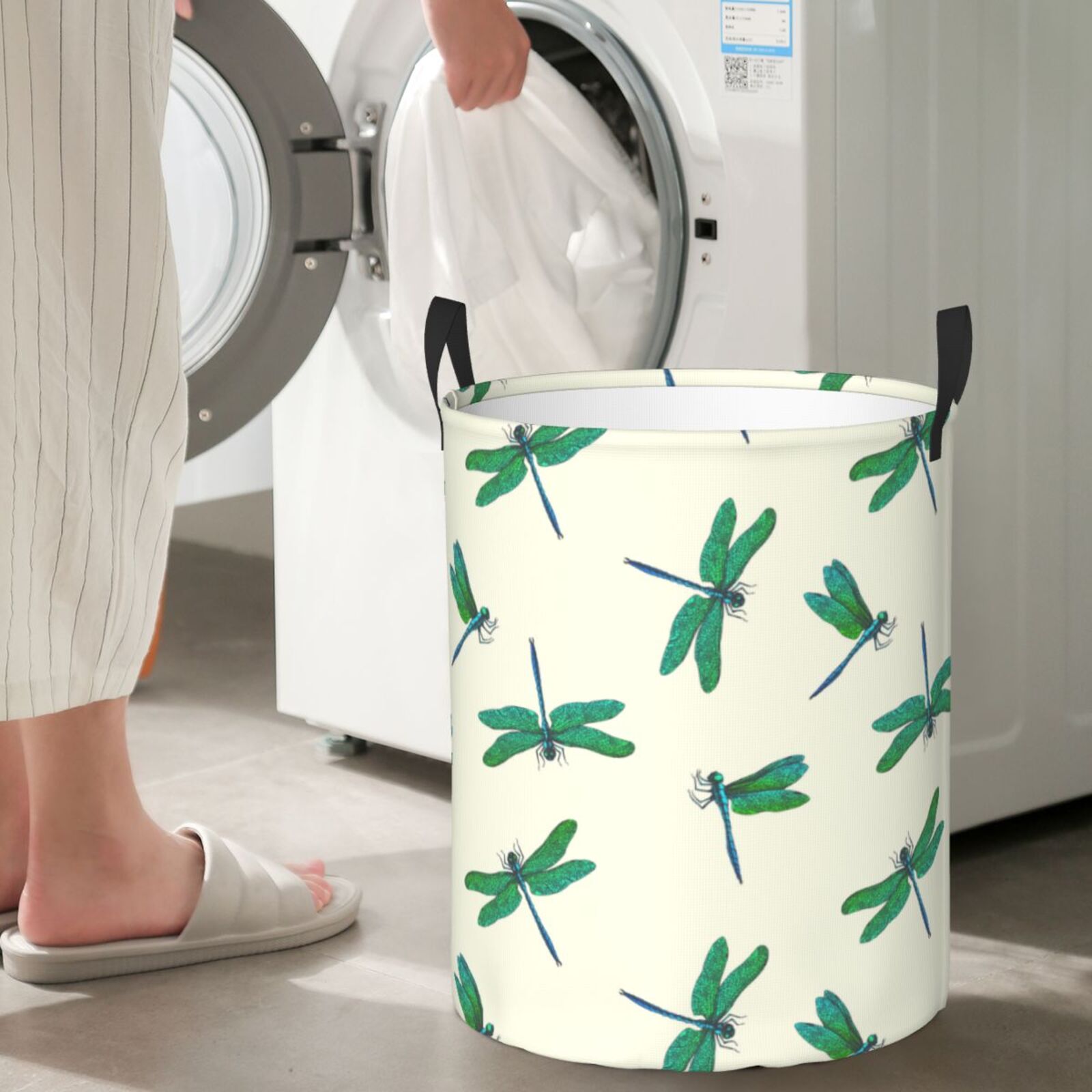 Large Laundry Basket with Handles - Dragonfly Green Kids Baby Dirty Clothes Laundry Hamper for Bedroom Aesthetic
