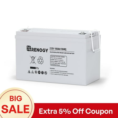 Renogy 100Ah Deep Cycle AGM Battery 12 Volt, 1100A Max Discharge Current, Safe Charge Appliances, RVs, Marine, Solar, off-Grid