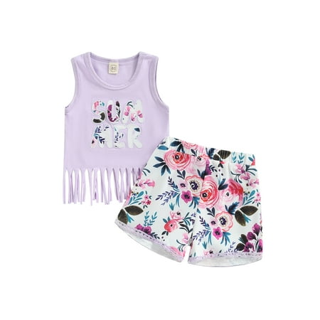 

ASashitenel Baby Girl Summer Shorts Set Letters/ Floral Print Fringed Hem Tank Tops Leopard/ Floral Shorts Holiday Casual Set
