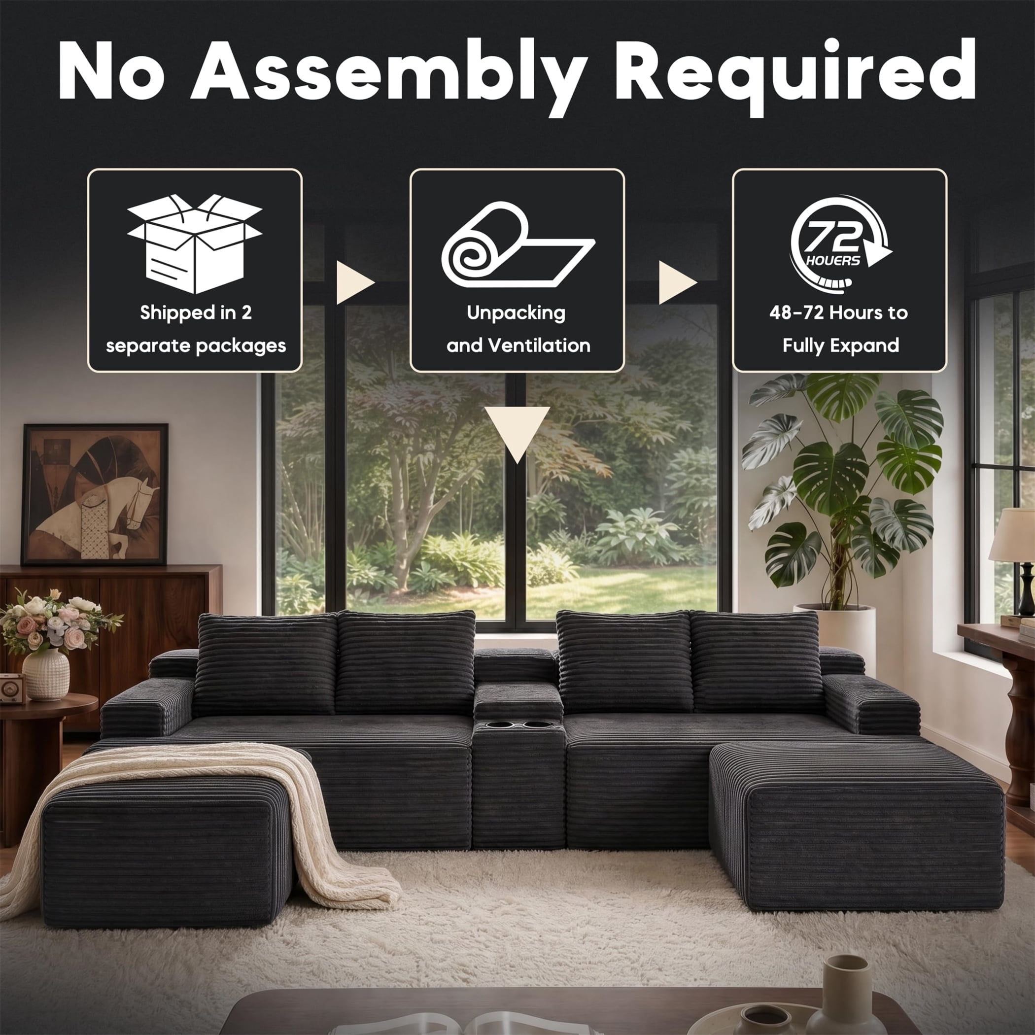 Aukfa 140" U-Shaped Cloud Sectional Sofa Oversized Boneless Couch with Cup Holder Storage Console Modular Couch for Living Room, Corduroy, Dark Gray