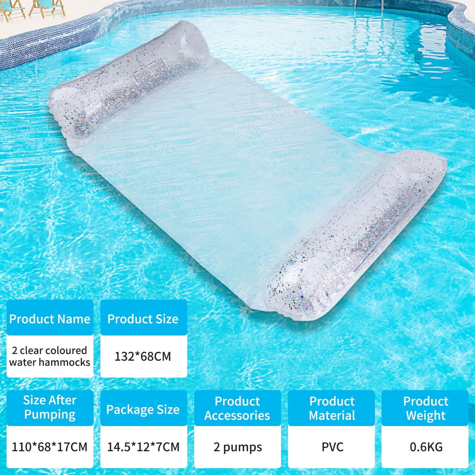 Cyfie Net Water Hammock,4-in-1 Inflatable Water Floating Hammock Pool Float Toys for Adult,Capacity 250 lbs,2 Pack,Clear