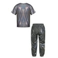 thumbnail image 2 of Alvivi Kids 2 Piece Dance Outfit Shorts Sleeve Shiny Metallic T-shirt with Pant Set Jazz Hip-hop Costume Black 9-10, 2 of 5