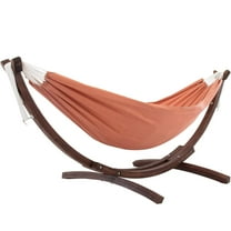 Vivere Double Sunbrella Hammock with Solid Pine Arc Stand- Coral