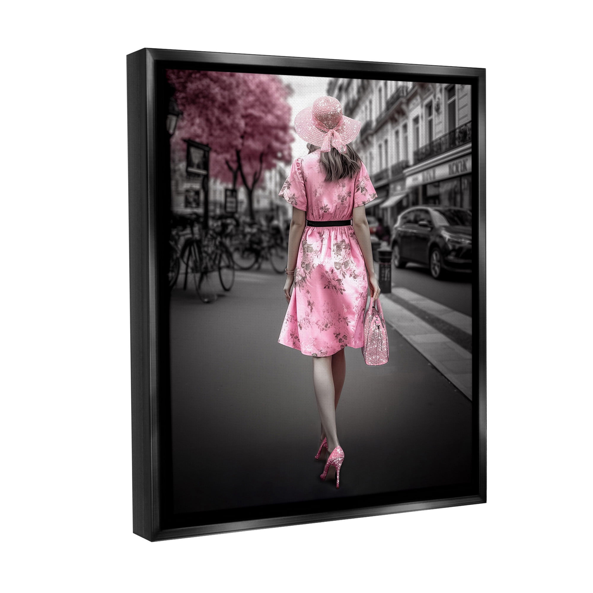 Stupell Industries Trendy Woman in City Travel & Places Painting Black Floater Framed Canvas Art Print Wall Art, 25 x 31