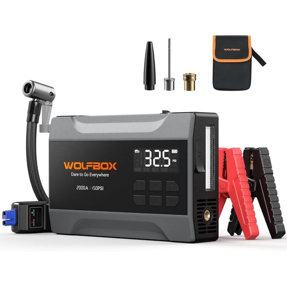 WOLFBOX Car Jump Starter with Air Compressor, 2000A 150PSI Portable Car Battery Jump Box(5.0L Gas & 3.0L Diesel) with Digital Tire Inflator, 12V