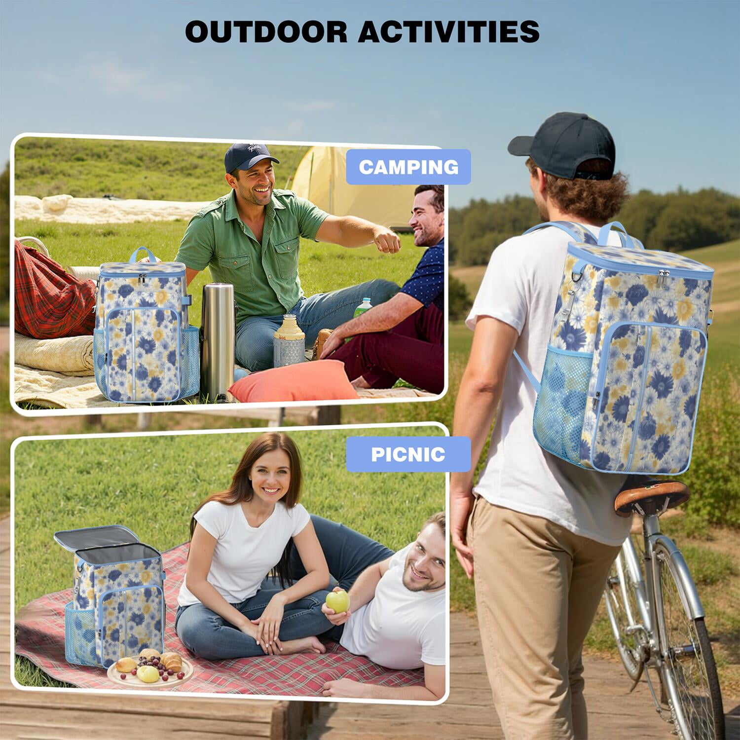 Travel Cooler Bag - Pioneer Flower Camping Beer Cooler Backpack with Bottle Opener- Waterproof Insulated Picnic Backpacks - Cooler Bag for Beach