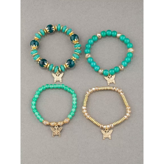 QQTDFG 4pcs/set Aqua Green Butterfly Charm Beaded Bracelet Women Bracelet Stackable-default
