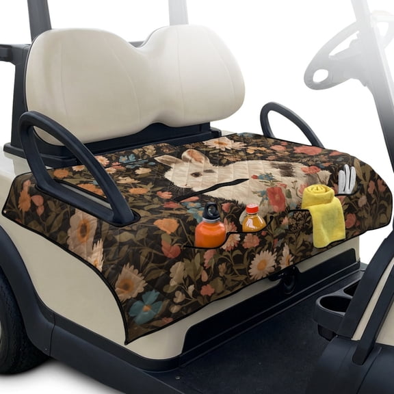 Whosucclay Vintage Rabbit Floral Golf Cart Seat Blanket Club Car Seat Covers, Stain-Resistant 4 Pockets Golf Cart Seat Cushion Cover for EZGO 2-Person Carts