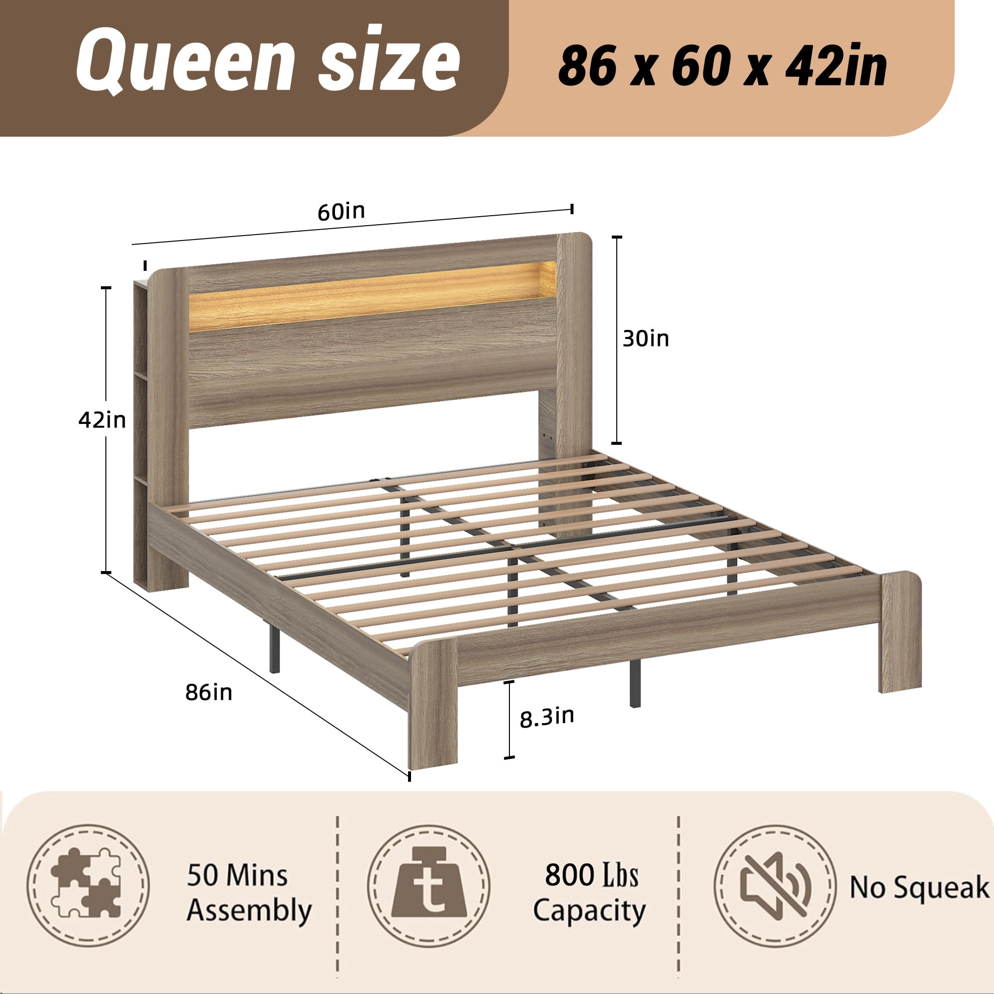BSHTI Bed Frame with 2-Tier Storage Headboard, Wood Platform Bed Frame with Built-in Charging Station & LED, Queen Size, Vintage Grey, Platform Wood Bed for Bedroom