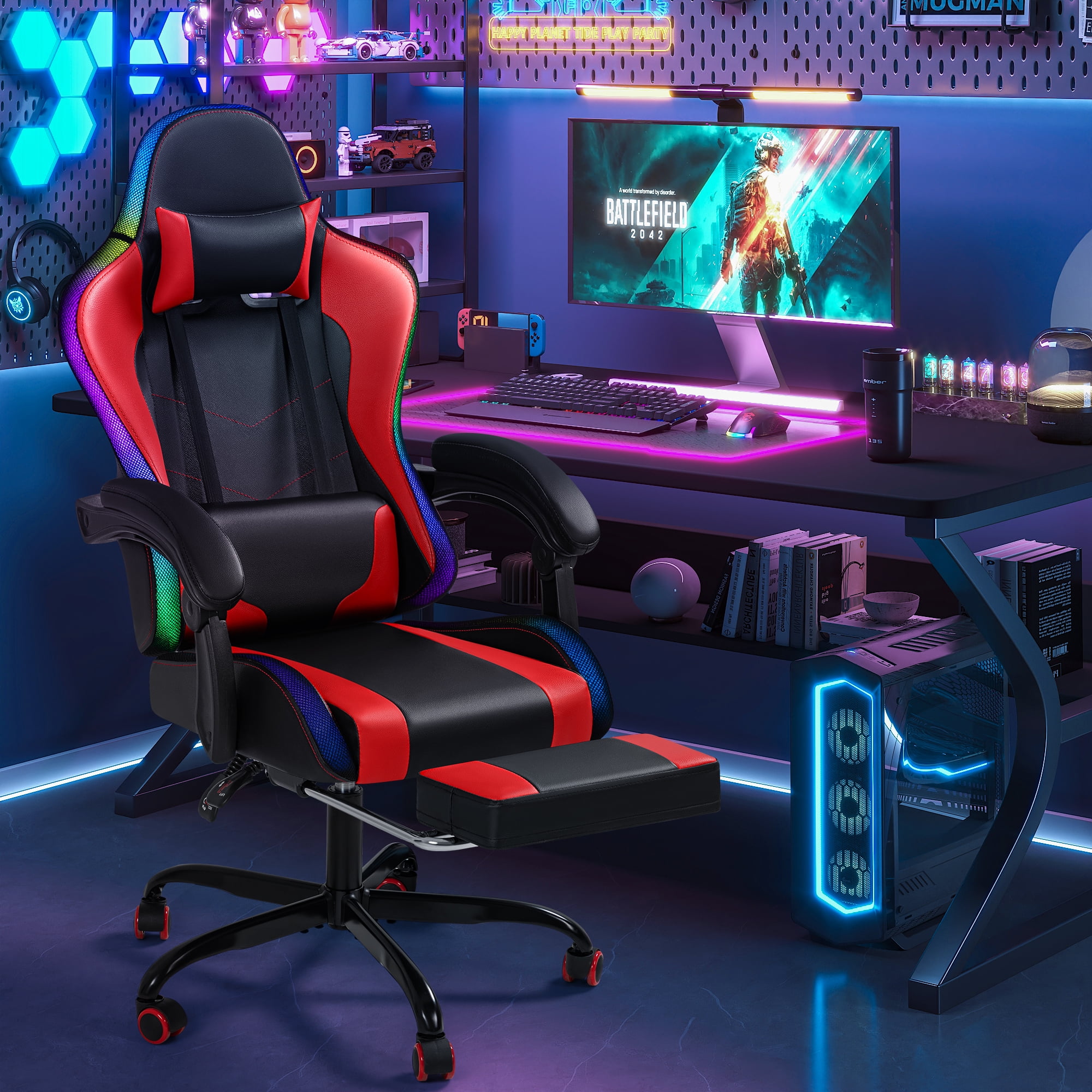 Homall RGB Gaming Chair with APP & Remote Control, LED Lights Ergonomic Computer Chair with Footrest & Massage Lumbar Support, Red