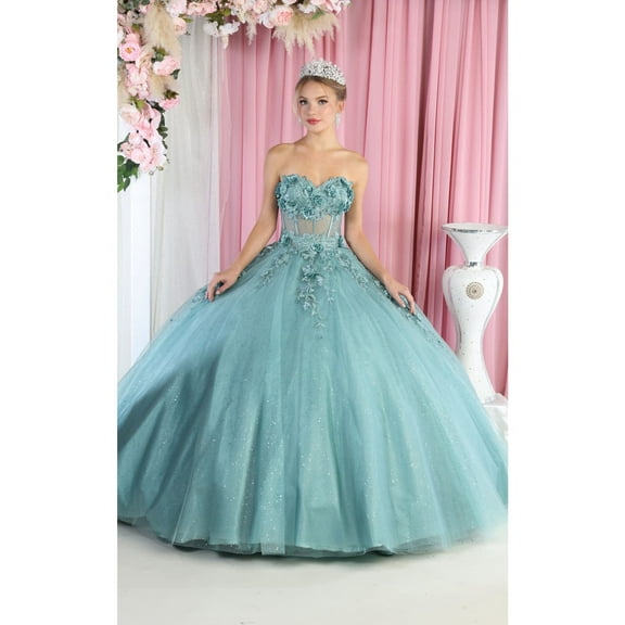 Women's Layla K LK188 3D Floral Applique Ball Quince Dress Sage Green 16