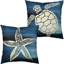 Set of 2 Blue Square Linen Pillow Covers Coastal Beach Theme Throw Pillow Covers 20x20 Nautical Starfish Sea Turtle Pillowcase for Outdoor Couch Sofa Living Room